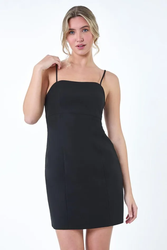 Black Stretch Bengaline Mini Dress Women Roman Dresses