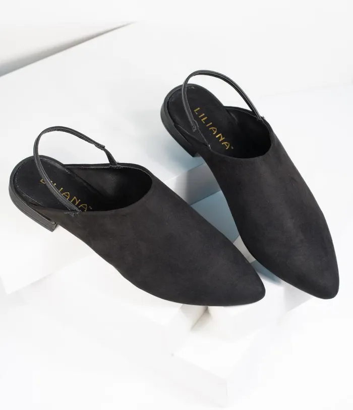 Black Suede Pointed Toe Slingback Flats Shoes Unique Vintage Flats