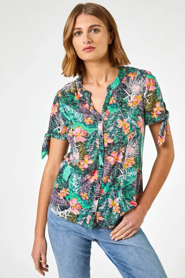 Black Tropical Burnout Print VNeck Tie Detail Top Women Roman Tops
