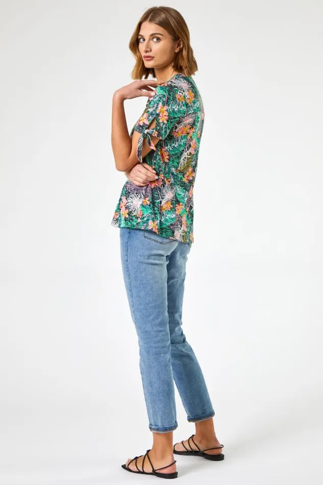 Black Tropical Burnout Print VNeck Tie Detail Top Women Roman Tops
