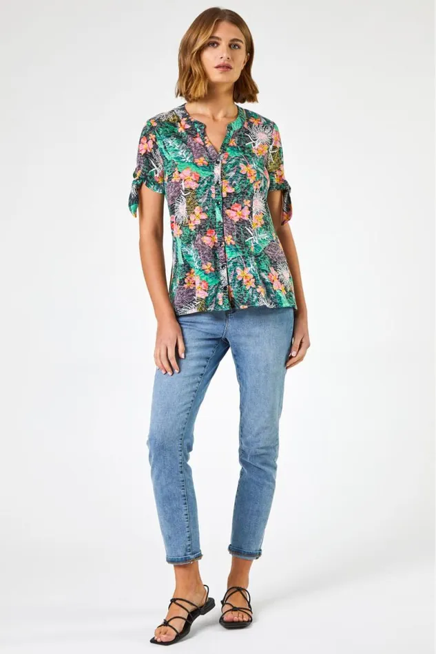 Black Tropical Burnout Print VNeck Tie Detail Top Women Roman Tops