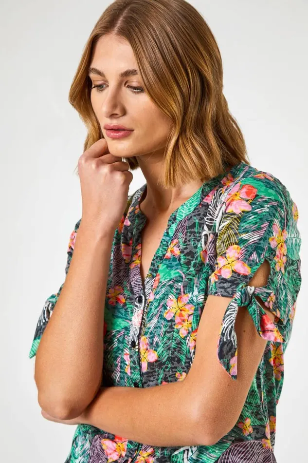 Black Tropical Burnout Print VNeck Tie Detail Top Women Roman Tops