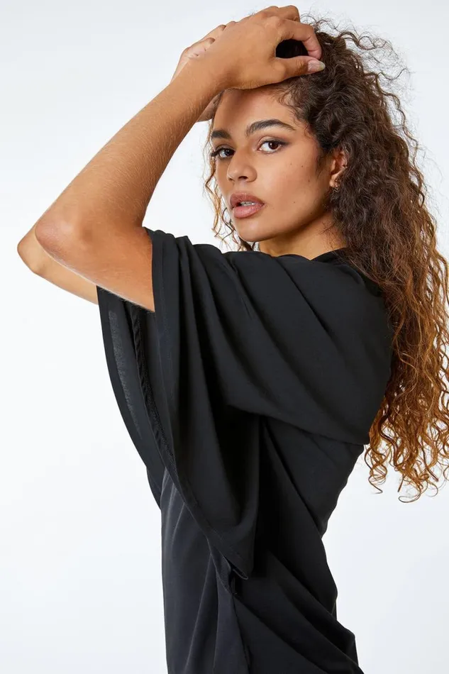 Black Twist Neck Embellished Keyhole Top Women Roman Tops
