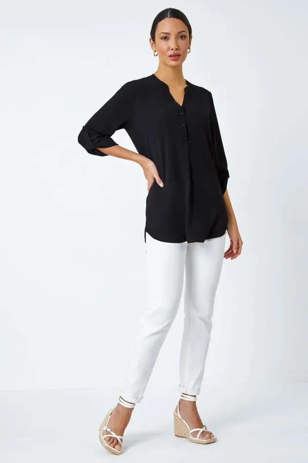 Black VNeck Longline Tunic Blouse Women Roman Tops