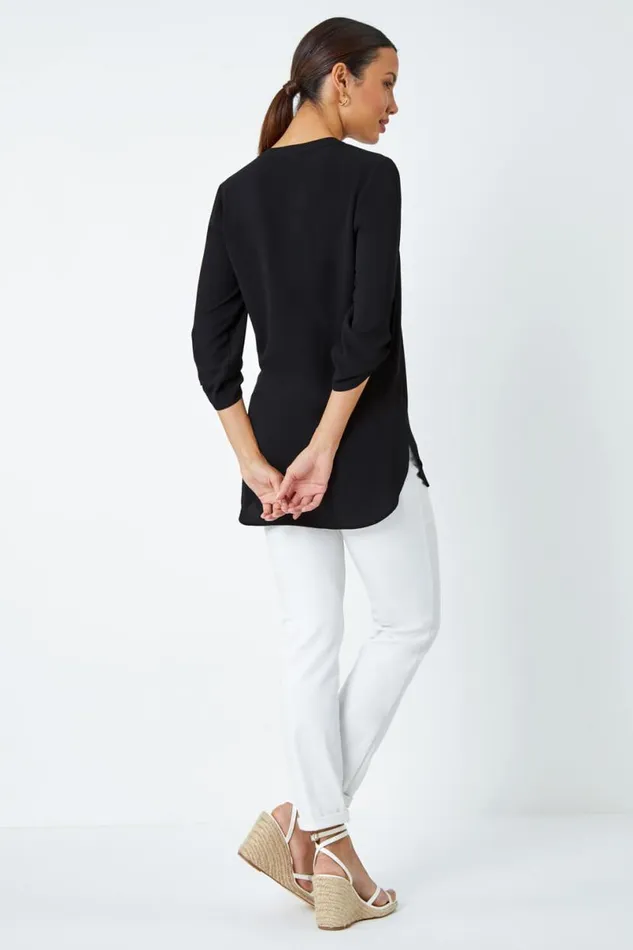Black VNeck Longline Tunic Blouse Women Roman Tops