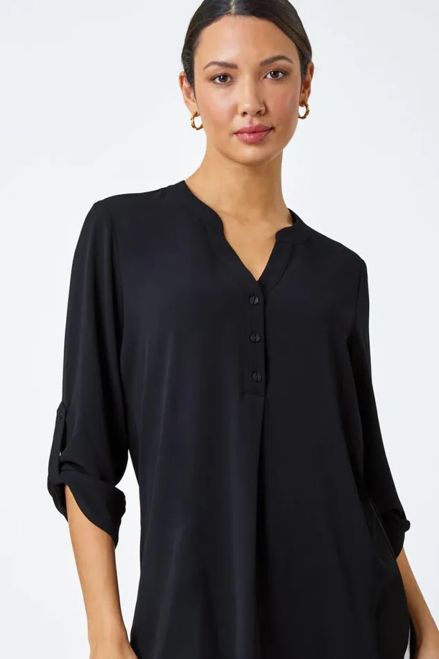 Black VNeck Longline Tunic Blouse Women Roman Tops
