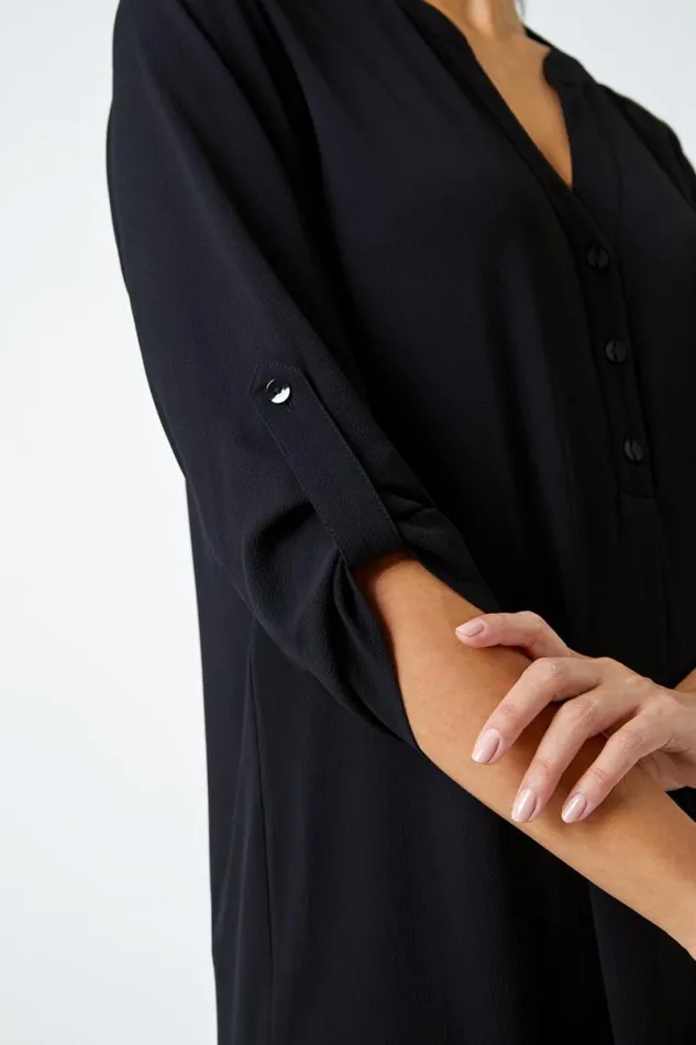 Black VNeck Longline Tunic Blouse Women Roman Tops