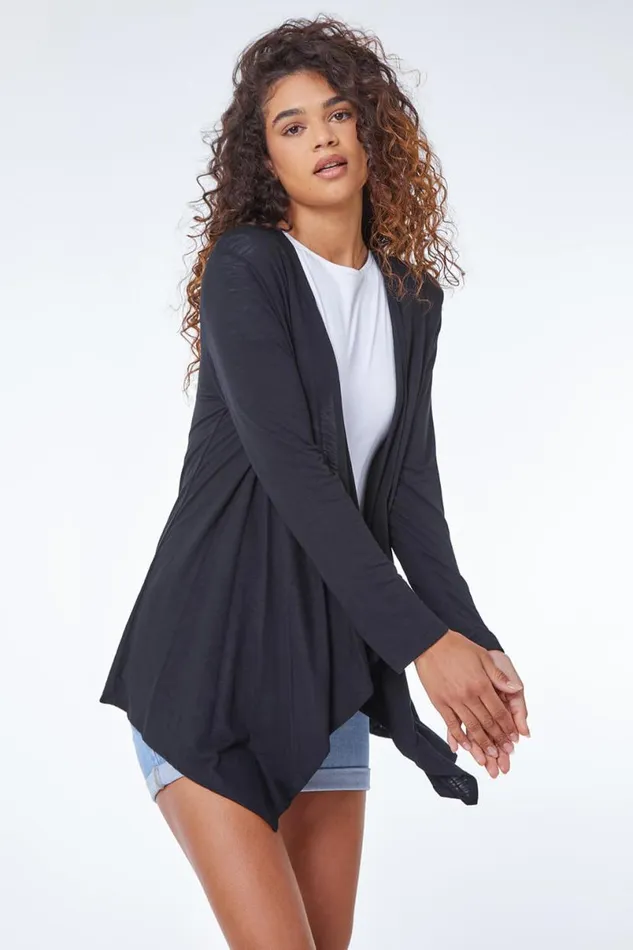 Black Waterfall Front Jersey Cardigan Women Roman Tops