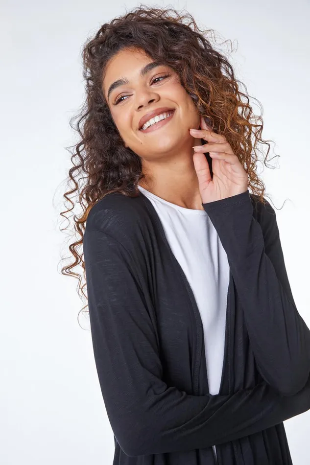 Black Waterfall Front Jersey Cardigan Women Roman Tops