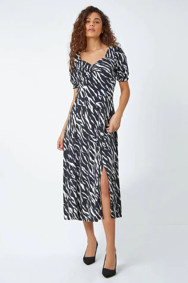 Black Zebra Print Stretch Ruched Midi Dress Women Roman Dresses