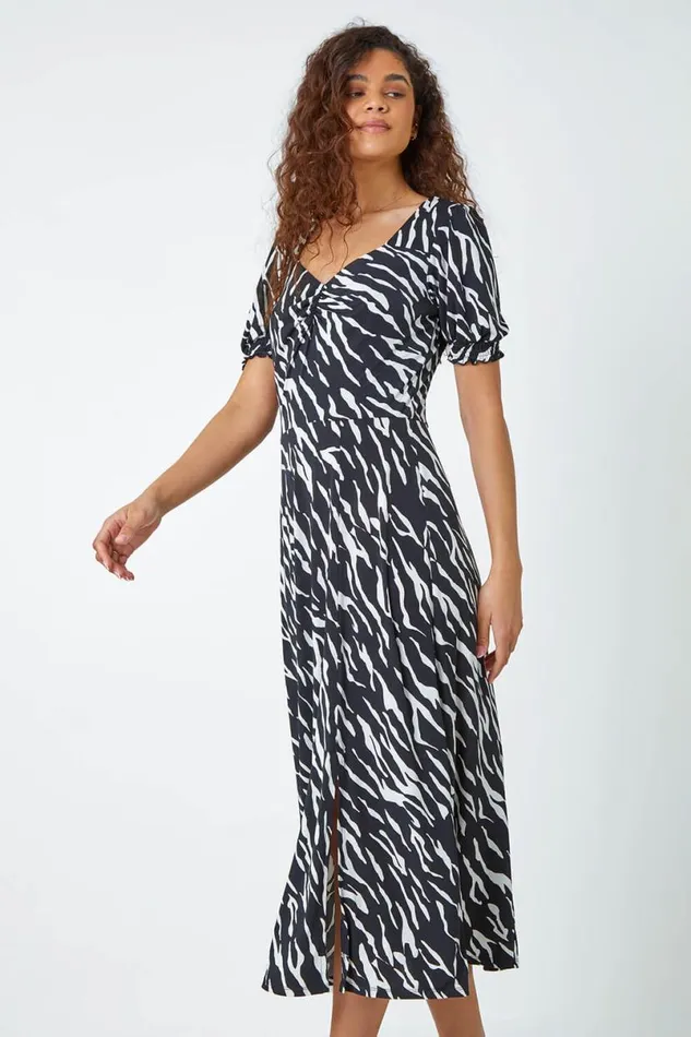 Black Zebra Print Stretch Ruched Midi Dress Women Roman Dresses