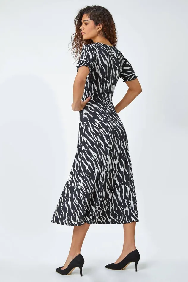 Black Zebra Print Stretch Ruched Midi Dress Women Roman Dresses