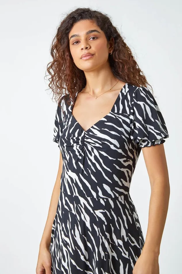 Black Zebra Print Stretch Ruched Midi Dress Women Roman Dresses