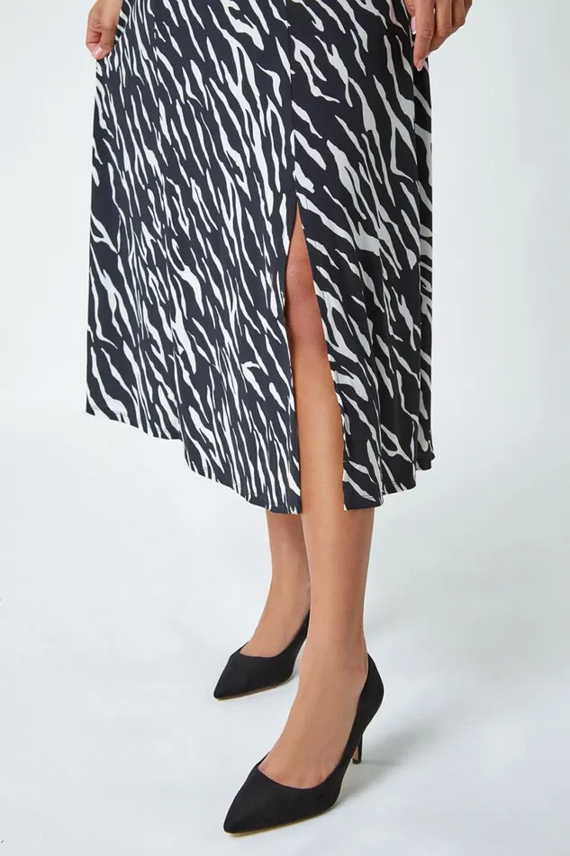 Black Zebra Print Stretch Ruched Midi Dress Women Roman Dresses