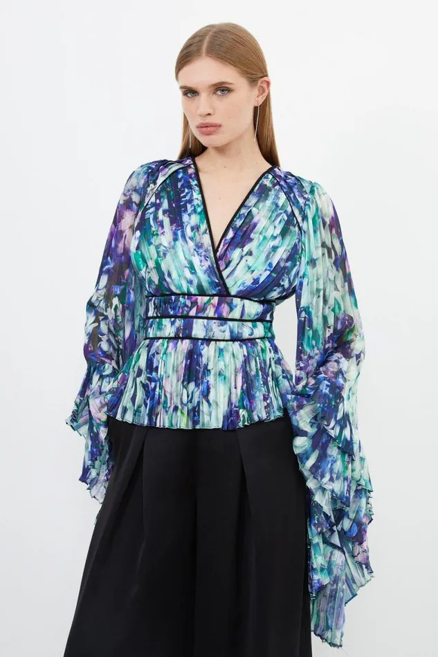 Blouses Women Karen Millen Floral Drama Kimono Woven Blouse Blue