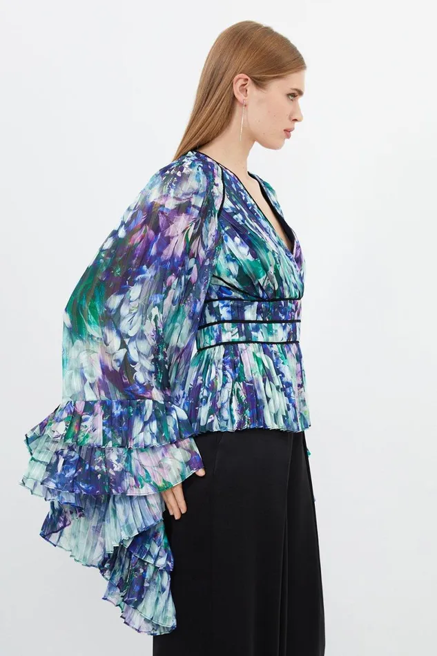 Blouses Women Karen Millen Floral Drama Kimono Woven Blouse Blue
