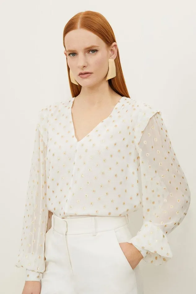 Blouses Women Karen Millen Metallic Viscose Georgette Woven V Neck Blouse Ivory