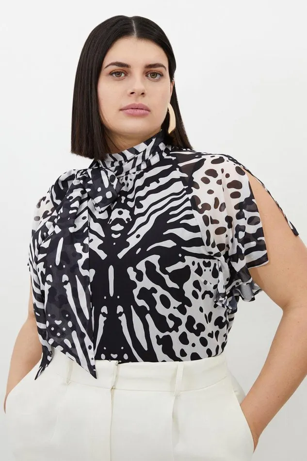 Blouses Women Karen Millen Plus Size Animal Print Georgette Woven Tie Neck Top Black