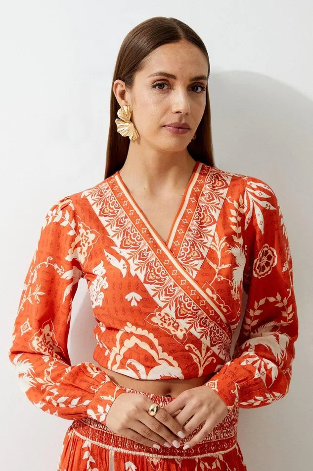Blouses Women Karen Millen Printed Viscose Woven Wrap Balloon Sleeve Top Orange