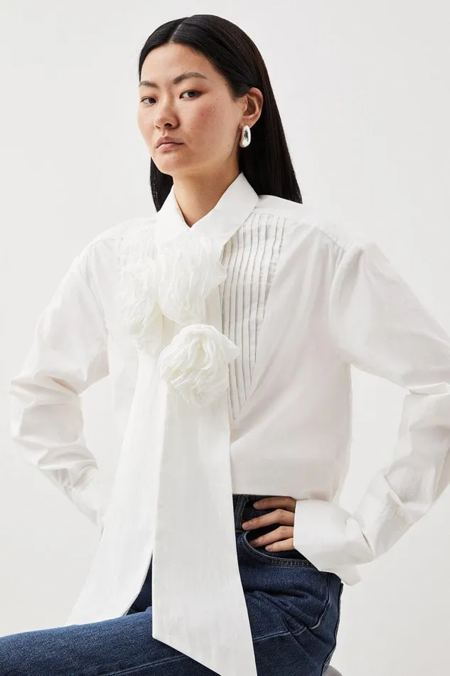 Blouses Women Karen Millen Striped Cotton Woven Shirt With Rosette White