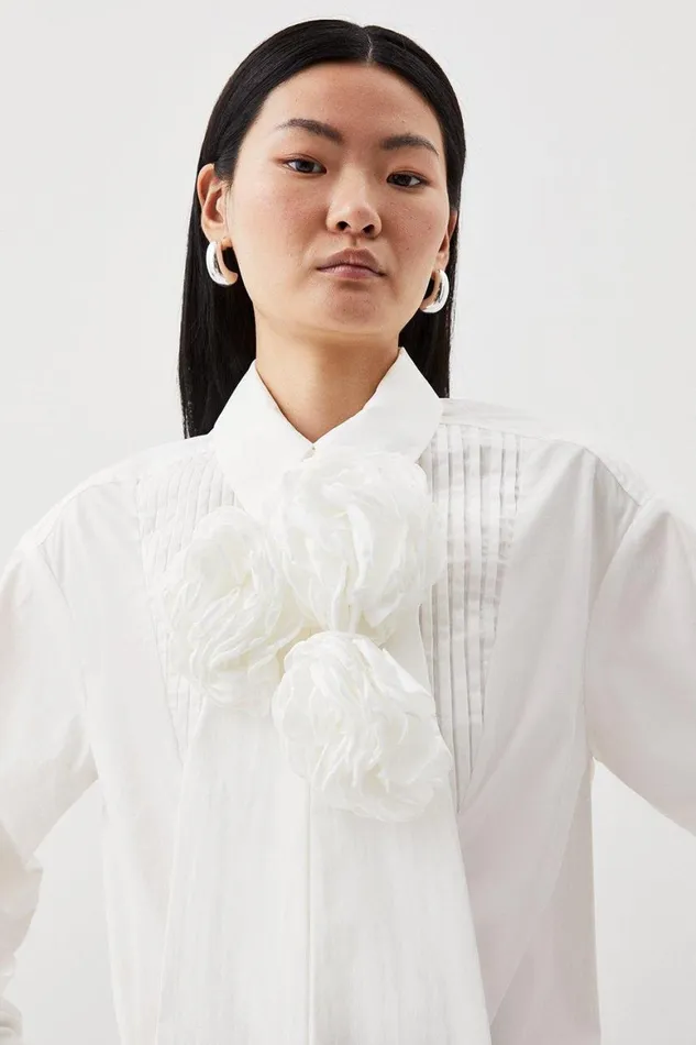 Blouses Women Karen Millen Striped Cotton Woven Shirt With Rosette White