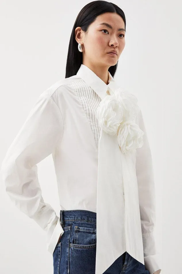 Blouses Women Karen Millen Striped Cotton Woven Shirt With Rosette White