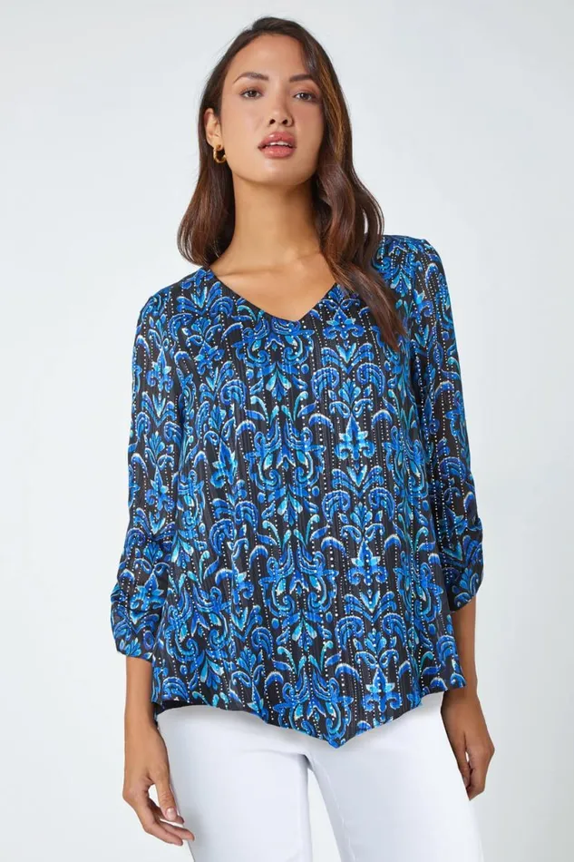 Blue Abstract Metallic Ruched Chiffon Blouse Women Roman Tops
