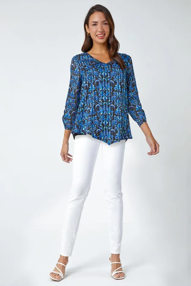 Blue Abstract Metallic Ruched Chiffon Blouse Women Roman Tops