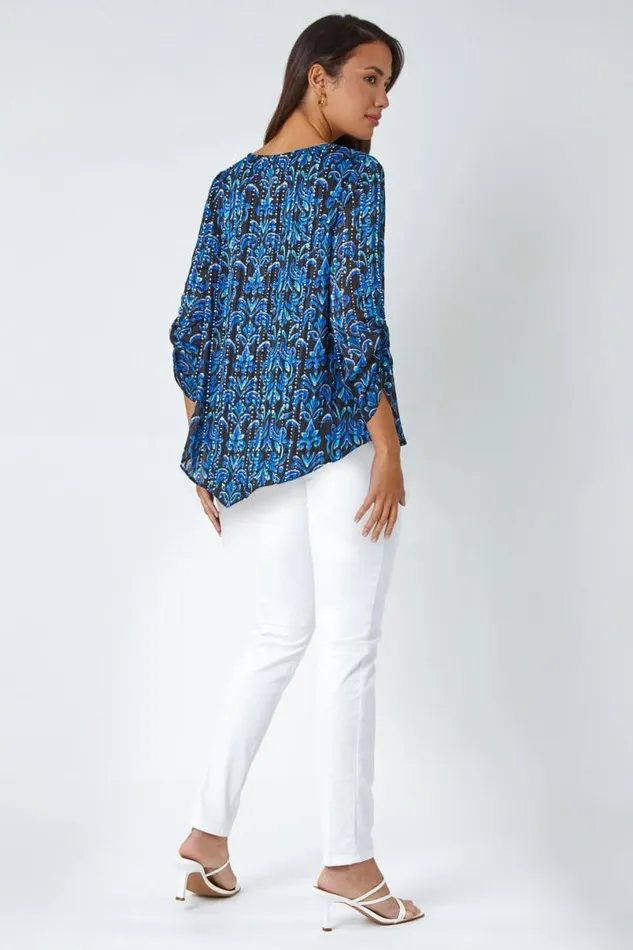 Blue Abstract Metallic Ruched Chiffon Blouse Women Roman Tops