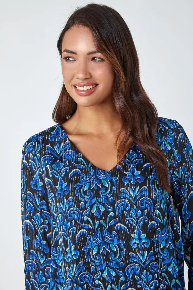 Blue Abstract Metallic Ruched Chiffon Blouse Women Roman Tops
