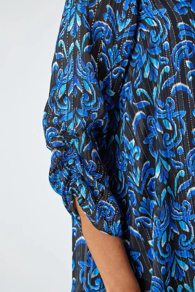 Blue Abstract Metallic Ruched Chiffon Blouse Women Roman Tops