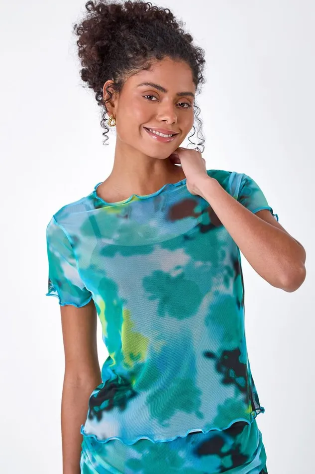 Blue Abstract Print Stretch Mesh Top Women Roman Tops