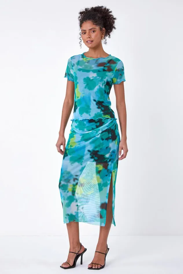 Blue Abstract Print Stretch Mesh Top Women Roman Tops