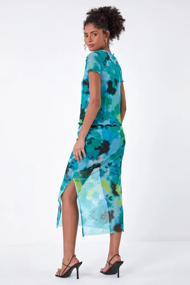 Blue Abstract Print Stretch Mesh Top Women Roman Tops