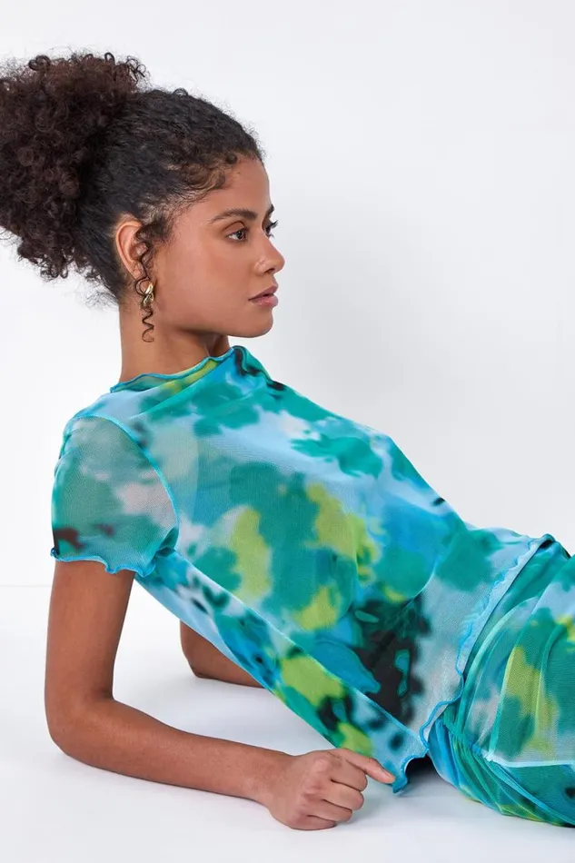 Blue Abstract Print Stretch Mesh Top Women Roman Tops
