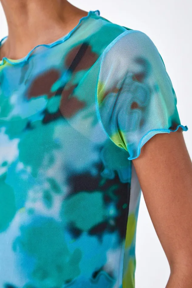 Blue Abstract Print Stretch Mesh Top Women Roman Tops
