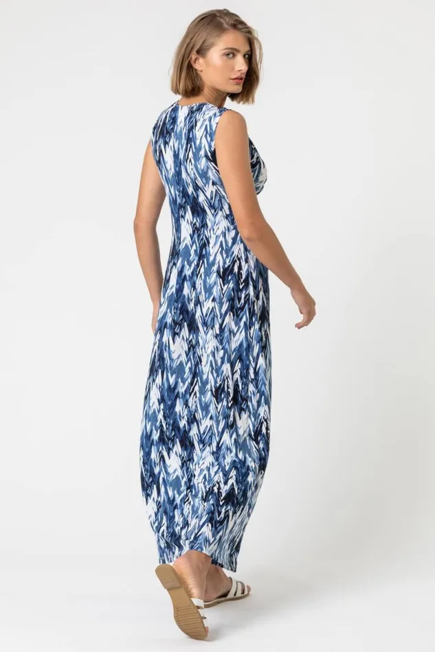Blue Abstract Print Twist Front Ruched Maxi Dress Women Roman Dresses