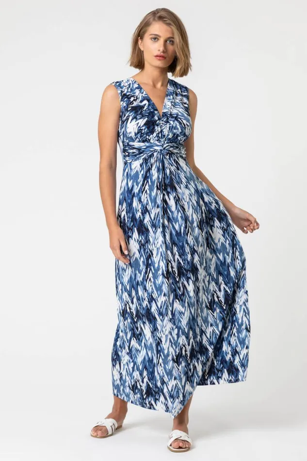 Blue Abstract Print Twist Front Ruched Maxi Dress Women Roman Dresses
