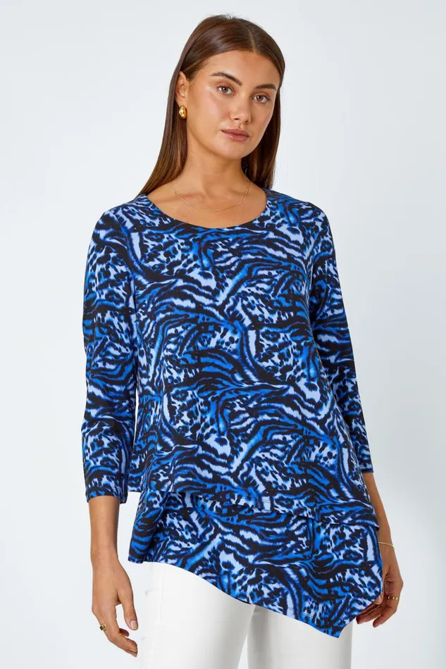 Blue Animal Asymmetric Layer Stretch Top Women Roman Tops
