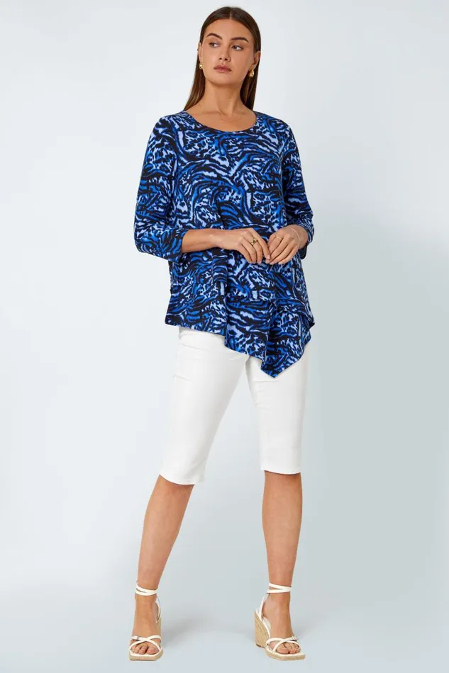 Blue Animal Asymmetric Layer Stretch Top Women Roman Tops