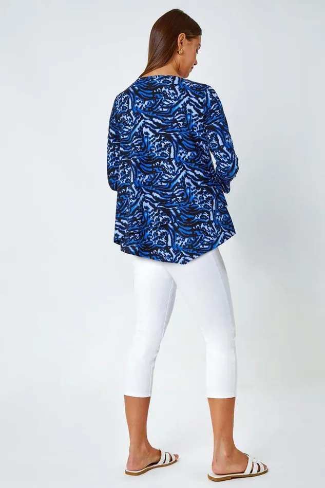 Blue Animal Asymmetric Layer Stretch Top Women Roman Tops
