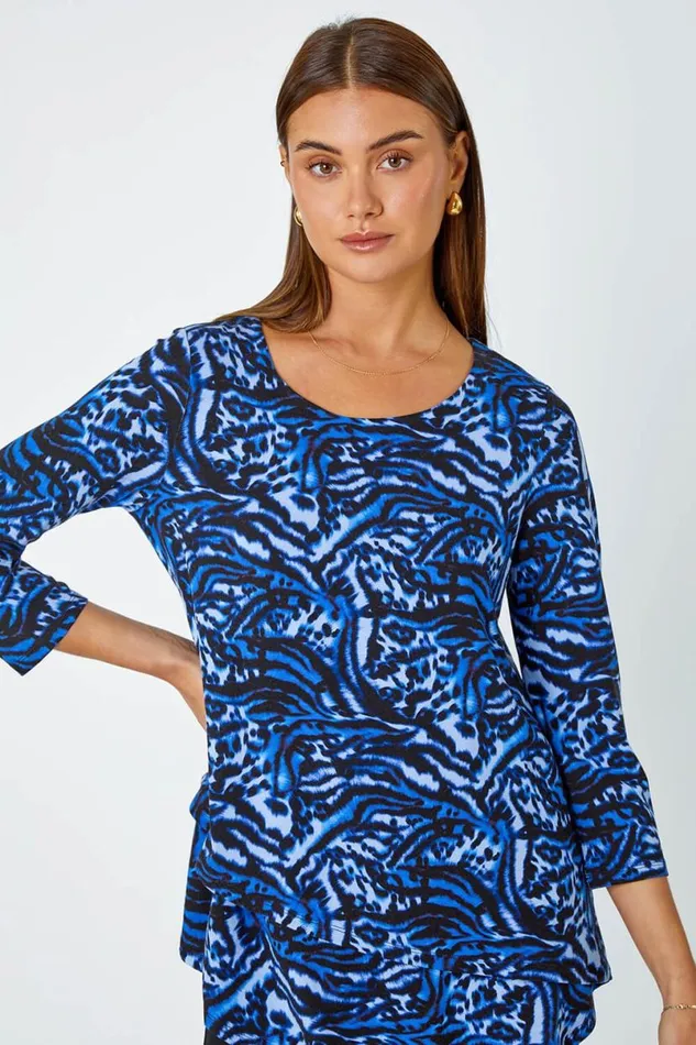 Blue Animal Asymmetric Layer Stretch Top Women Roman Tops