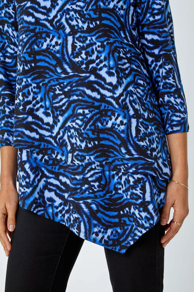 Blue Animal Asymmetric Layer Stretch Top Women Roman Tops