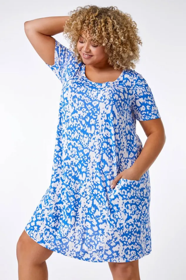 Blue Curve Abstract Print Pocket Slouch Dress Women Roman Dresses