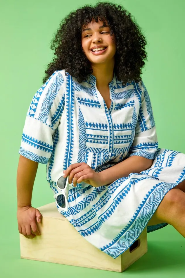 Blue Curve Embroidered Cotton Blend Dress Women Roman Dresses