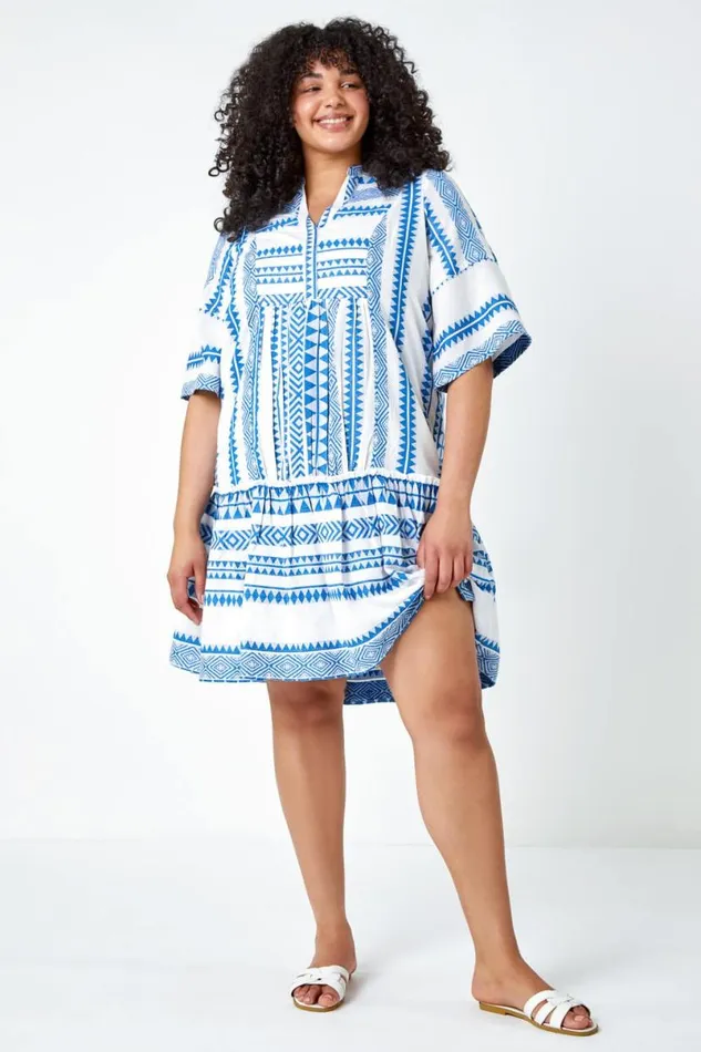 Blue Curve Embroidered Cotton Blend Dress Women Roman Dresses