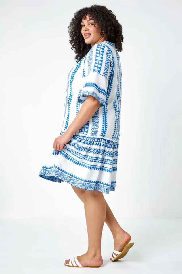 Blue Curve Embroidered Cotton Blend Dress Women Roman Dresses