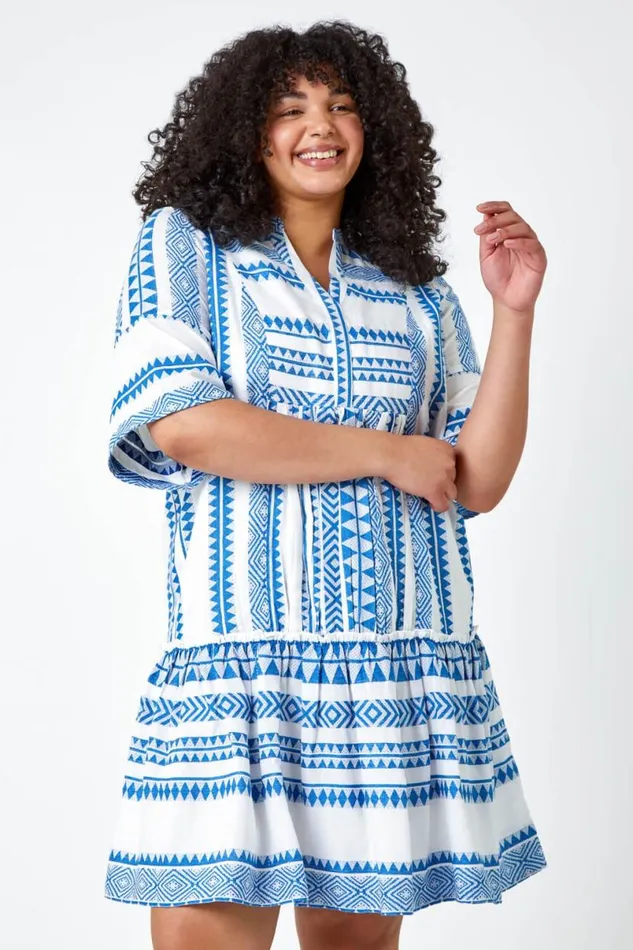Blue Curve Embroidered Cotton Blend Dress Women Roman Dresses