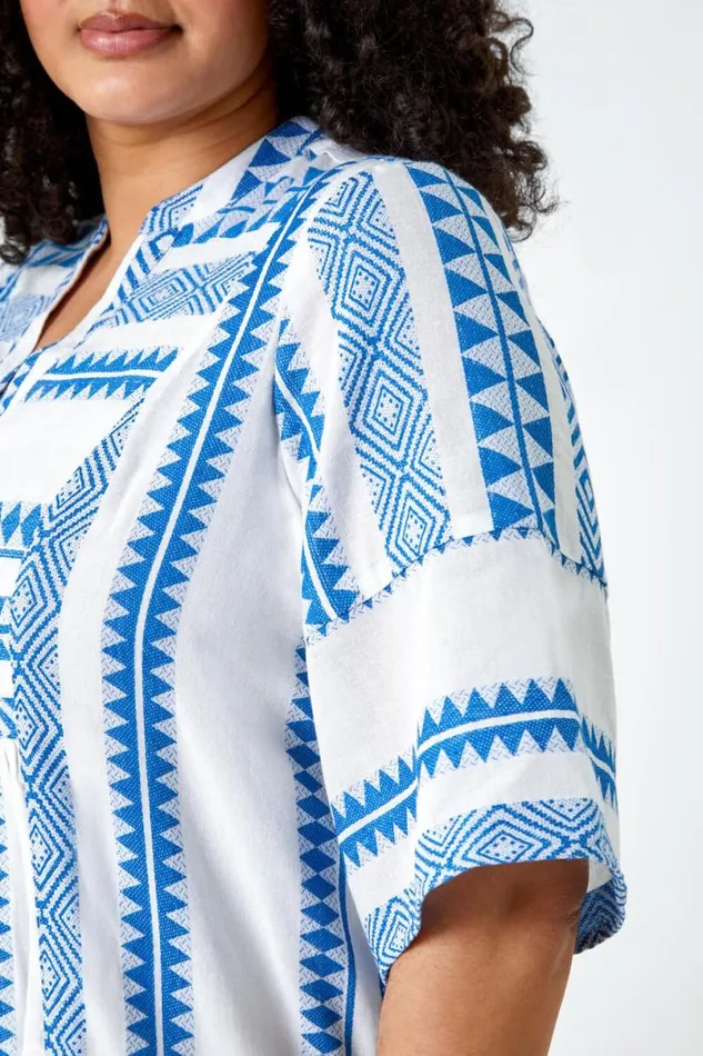 Blue Curve Embroidered Cotton Blend Dress Women Roman Dresses
