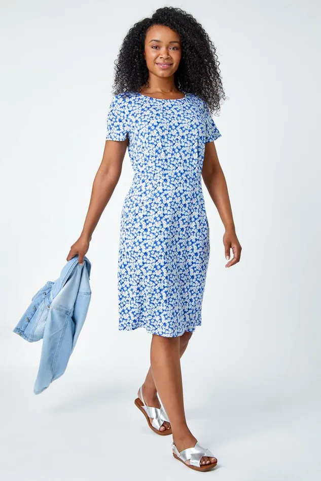 Blue Ditsy Floral Pocket Stretch Dress Women Roman Dresses